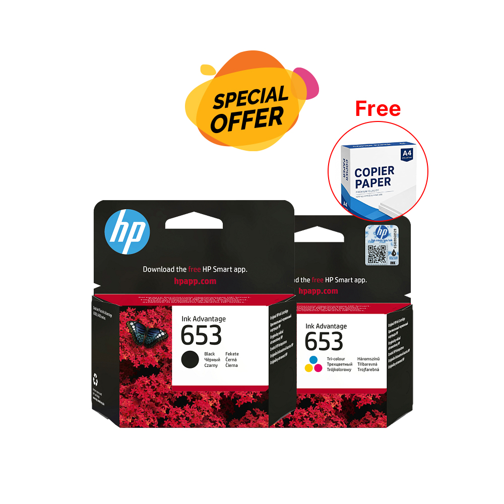 HP 653 Black & Tri-color Original Ink Advantage Cartridge + A4 Paper Combo
