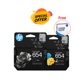 HP 654 Black & Tri-color Original Ink Advantage Cartridge + A4 Paper Combo