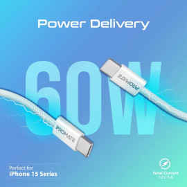 PROMATE EcoLine-CC120 White Ultra-Fast 60W Power Delivery USB-C Fabric Braided Cable