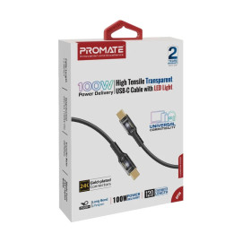 PROMATE LucidLine-CC120 Black 100W Power Delivery Ultra-Fast USB-C Cable with Transparent Shells