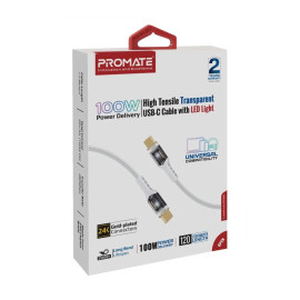 PROMATE LucidLine-CC120 White 100W Power Delivery Ultra-Fast USB-C Cable with Transparent Shells
