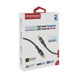 PROMATE LucidLine-CC200 Black 100W Power Delivery Ultra-Fast USB-C Cable with Transparent Shells