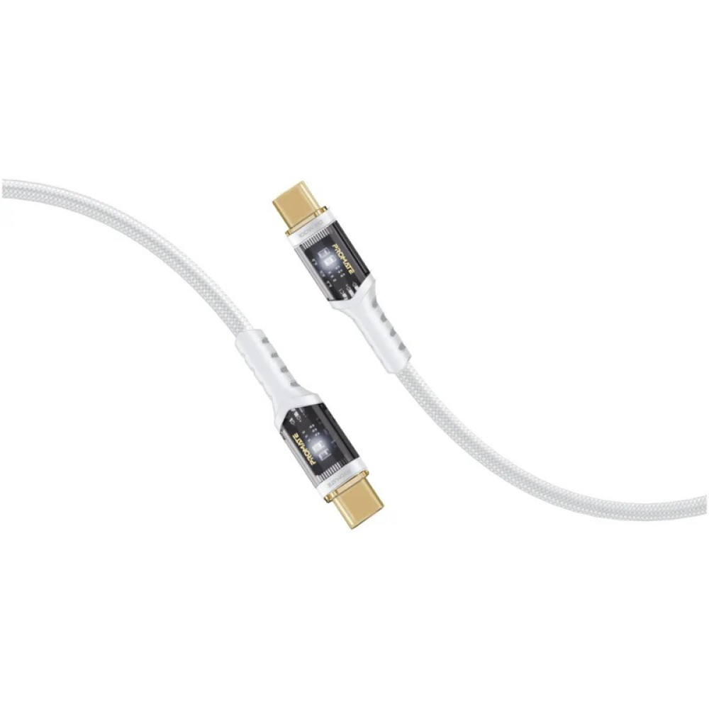 PROMATE LucidLine-CC200 White 100W Power Delivery Ultra-Fast USB-C Cable with Transparent Shells