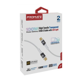 PROMATE LucidLine-CC200 White 100W Power Delivery Ultra-Fast USB-C Cable with Transparent Shells