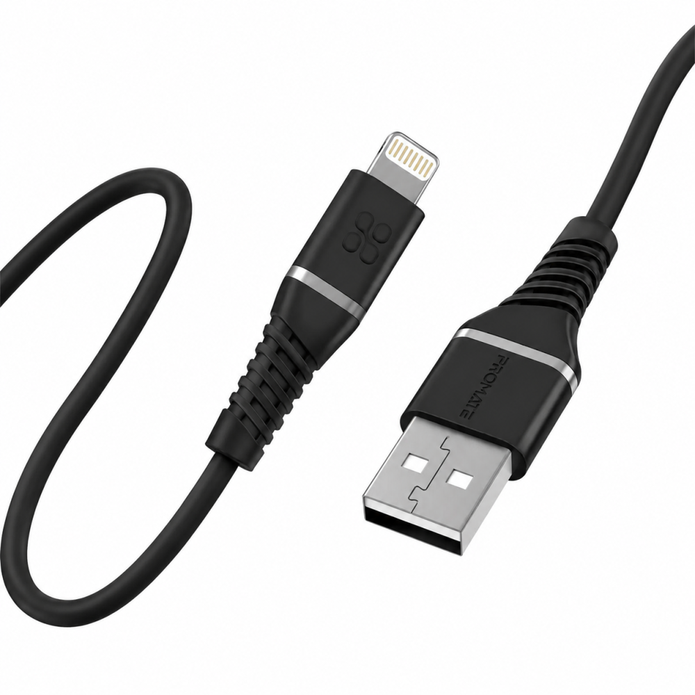 Promate - PowerLine-Ai120 High Tensile Strength Data Sync & Charge Cable with Lightning Connector- Black