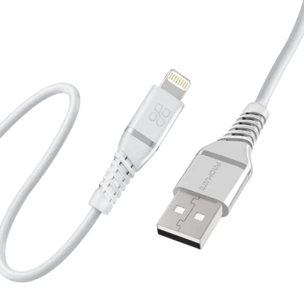 Promate - PowerLine-Ai120 High Tensile Strength Data Sync & Charge Cable with Lightning Connector- White