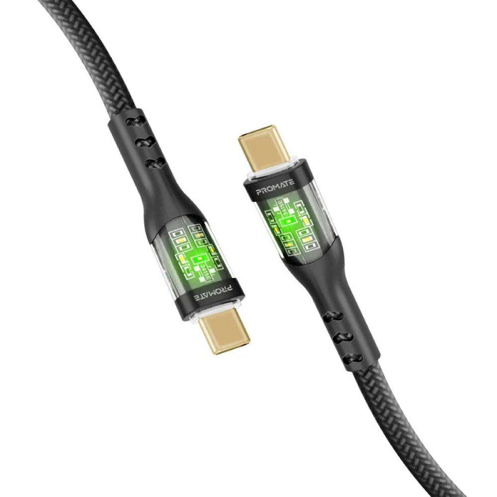 PROMATE TransLine-CC Black 60W Power Delivery Ultra-Fast USB-C Cable – Transparent Shell Design Type-C Cable