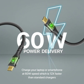 PROMATE TransLine-CC Black 60W Power Delivery Ultra-Fast USB-C Cable – Transparent Shell Design Type-C Cable