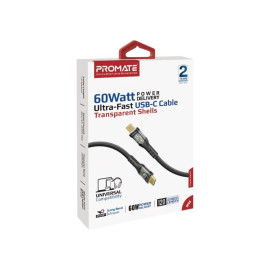 PROMATE TransLine-CC Black 60W Power Delivery Ultra-Fast USB-C Cable – Transparent Shell Design Type-C Cable