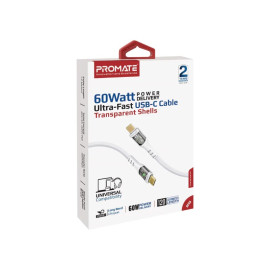 PROMATE TransLine-CC White 60W Power Delivery Ultra-Fast USB-C Cable – Transparent Shell Type-C Cable
