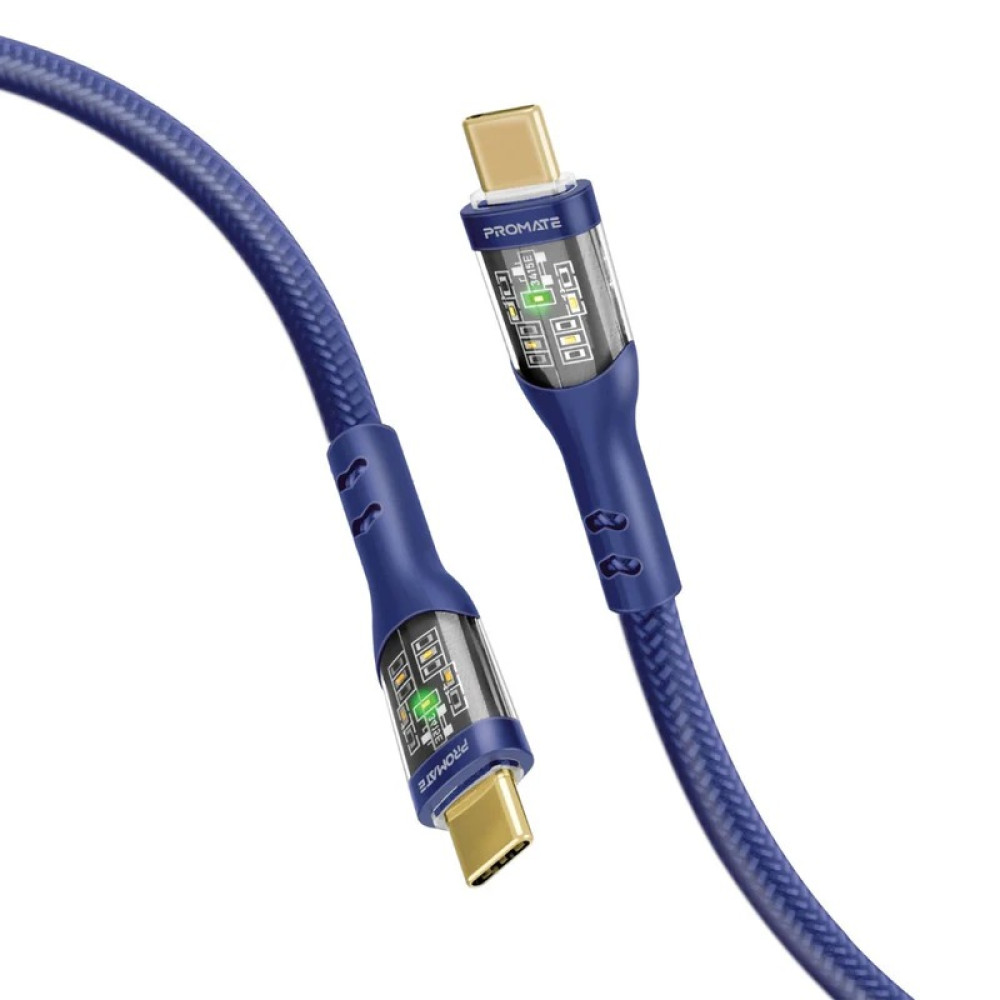 PROMATE TransLine-CC200 Navy 60W Power Delivery Ultra-Fast USB-C Cable with Transparent Shells