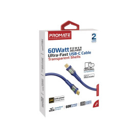 PROMATE TransLine-CC200 Navy 60W Power Delivery Ultra-Fast USB-C Cable with Transparent Shells