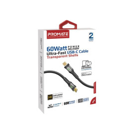 PROMATE TransLine-CC200 Black 60W Power Delivery Ultra-Fast USB-C Cable with Transparent Shells