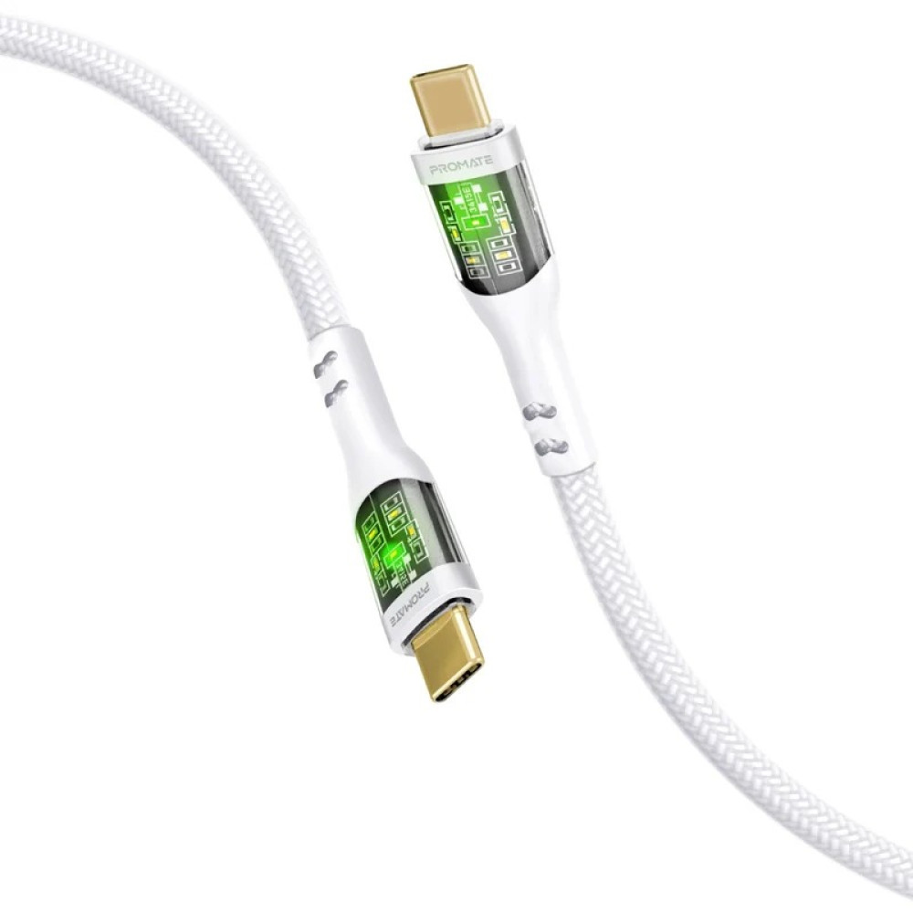 PROMATE TransLine-CC200 White 60W Power Delivery Ultra-Fast USB-C Cable with Transparent Shells
