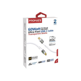 PROMATE TransLine-CC200 White 60W Power Delivery Ultra-Fast USB-C Cable with Transparent Shells