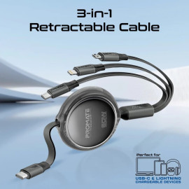 PROMATE TrioCord-R Black 3-in-1 Ultra-Fast Retractable Multi-Connector Cable