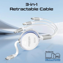 PROMATE TrioCord-R White 3-in-1 Ultra-Fast Retractable Multi-Connector Cable