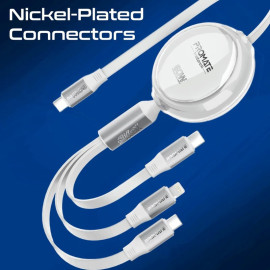 PROMATE TrioCord-R White 3-in-1 Ultra-Fast Retractable Multi-Connector Cable