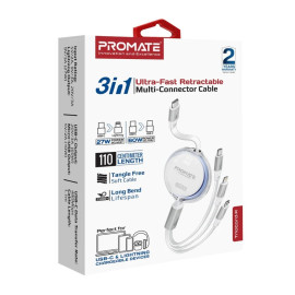 PROMATE TrioCord-R White 3-in-1 Ultra-Fast Retractable Multi-Connector Cable