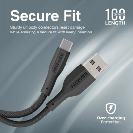 PROMATE xCord-AC Black Super Flexible USB-C Data & Charge Cable – Fast Charging Type-C Cable