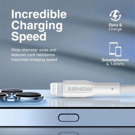 PROMATE xCord-Ai White High Tensile Strength Lightning Data & Charge Cable for Apple Devices