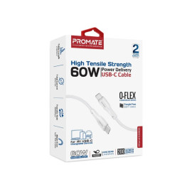 PROMATE xCord-CC200 White Super-Flexible 60W USB-C to USB-C Cable – 2A Fast Charging Type-C Cable