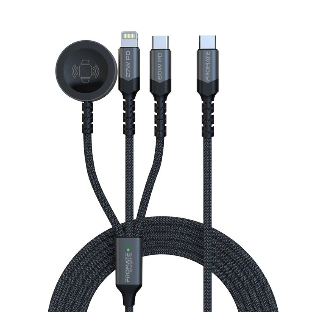 PROMATE iCharge-Trio Black 5-in-1 Multi-Connector Charging & Data Transfer Cable with Apple Watch Charger