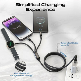PROMATE iCharge-Trio Black 5-in-1 Multi-Connector Charging & Data Transfer Cable with Apple Watch Charger