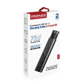 PROMATE PERK Compact All in 1 Charging Cable and Travel Kit 60W Black – USB-C Fast Charge Travel Kit