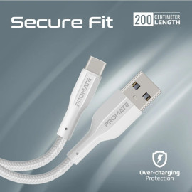 PROMATE xCord-AC200 White Super-Flexible USB-A to USB-C Cable – 2A Standard Charging Cable