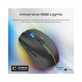 PROMATE Kitt 2.4GHz Wireless Ergonomic Optical Mouse with LED Rainbow Lights - Black