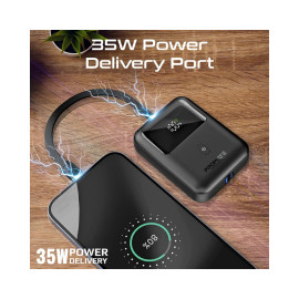 Promate PowerPod-10 10000mAh Ultra Compact 35W SuperSpeed™ Power Bank with Built-In USB-C Cable - Black