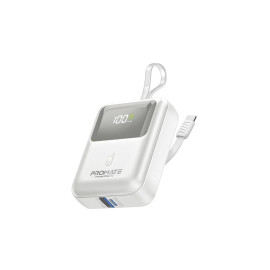 Promate PowerPod-10 10000mAh Ultra Compact 35W SuperSpeed™ Power Bank with Built-In USB-C Cable - White