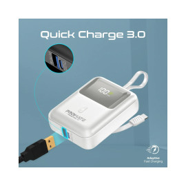 Promate PowerPod-10 10000mAh Ultra Compact 35W SuperSpeed™ Power Bank with Built-In USB-C Cable - White