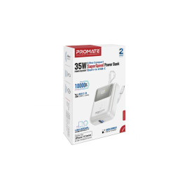 Promate PowerPod-10 10000mAh Ultra Compact 35W SuperSpeed™ Power Bank with Built-In USB-C Cable - White