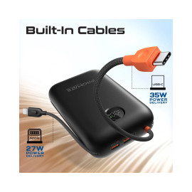 Promate PowerPod-30 30000mAh Compact Power Bank with Built-In USB-C & Lightning Cable - Black