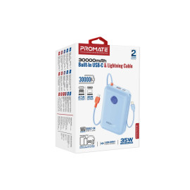 Promate PowerPod-30 30000mAh Compact Power Bank with Built-In USB-C & Lightning Cable - Blue