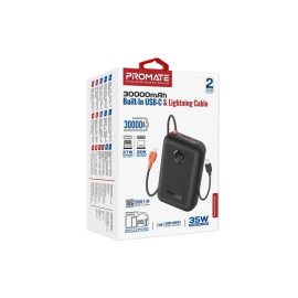 Promate PowerPod-30 30000mAh Compact Power Bank with Built-In USB-C & Lightning Cable - Black