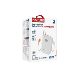 Promate PowerPod-30 30000mAh Compact Power Bank with Built-In USB-C & Lightning Cable - White