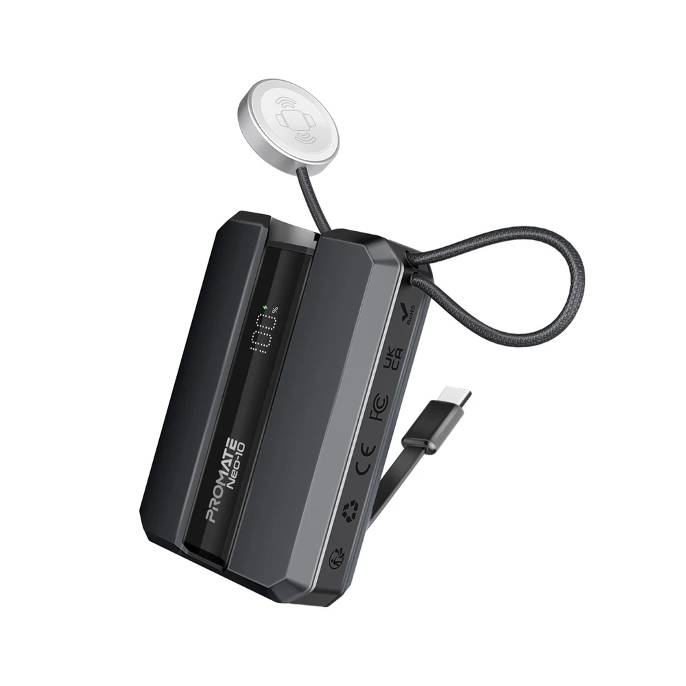 Promate Neo-10 10000mAh 30W Power Delivery Smartphone & Apple Watch Charging Power Bank with in-built USB-C Cable - Black