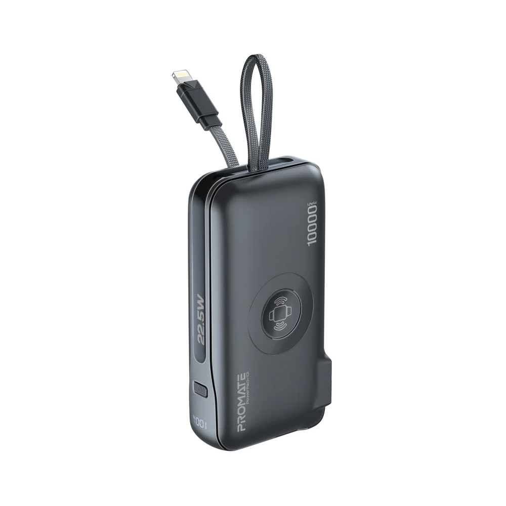 Promate PowerPack-10i 10000mAh  Ultra-compact Fast-Charging Power Bank with AC Charger, Apple Watch Charger and Built-In Lightning Cable