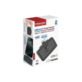 Promate PowerUp-10Duo 10,000 mAh Ultra-Compact Fast Charging Power Bank with Dual folding USB-C and Lightning Connectors - Black