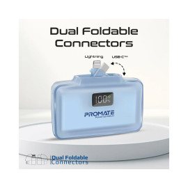 Promate PowerUp-10Duo 10,000 mAh Ultra-Compact Fast Charging Power Bank with Dual folding USB-C and Lightning Connectors - Blue