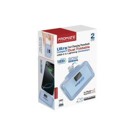 Promate PowerUp-10Duo 10,000 mAh Ultra-Compact Fast Charging Power Bank with Dual folding USB-C and Lightning Connectors - Blue