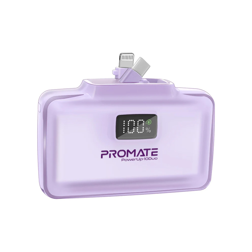 Promate PowerUp-10Duo 10,000 mAh Ultra-Compact Fast Charging Power Bank with Dual folding USB-C and Lightning Connectors - Purple