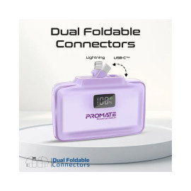 Promate PowerUp-10Duo 10,000 mAh Ultra-Compact Fast Charging Power Bank with Dual folding USB-C and Lightning Connectors - Purple
