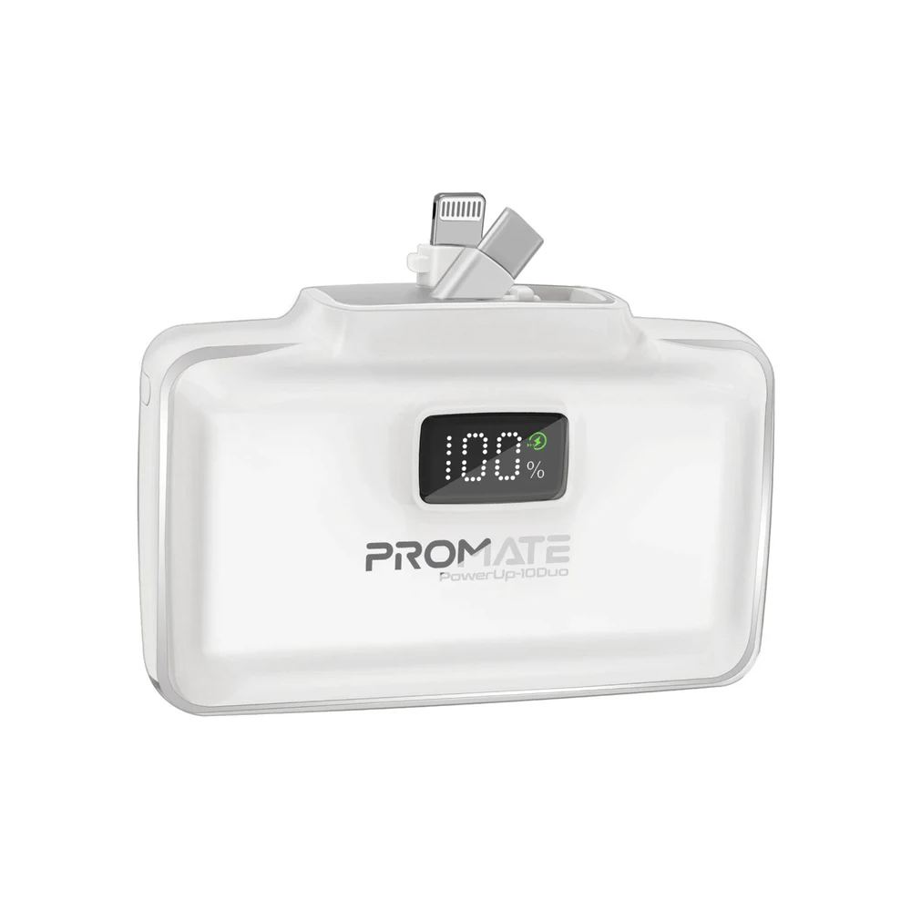 Promate PowerUp-10Duo 10,000 mAh Ultra-Compact Fast Charging Power Bank with Dual folding USB-C and Lightning Connectors - White
