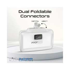 Promate PowerUp-10Duo 10,000 mAh Ultra-Compact Fast Charging Power Bank with Dual folding USB-C and Lightning Connectors - White