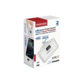 Promate PowerUp-10Duo 10,000 mAh Ultra-Compact Fast Charging Power Bank with Dual folding USB-C and Lightning Connectors - White