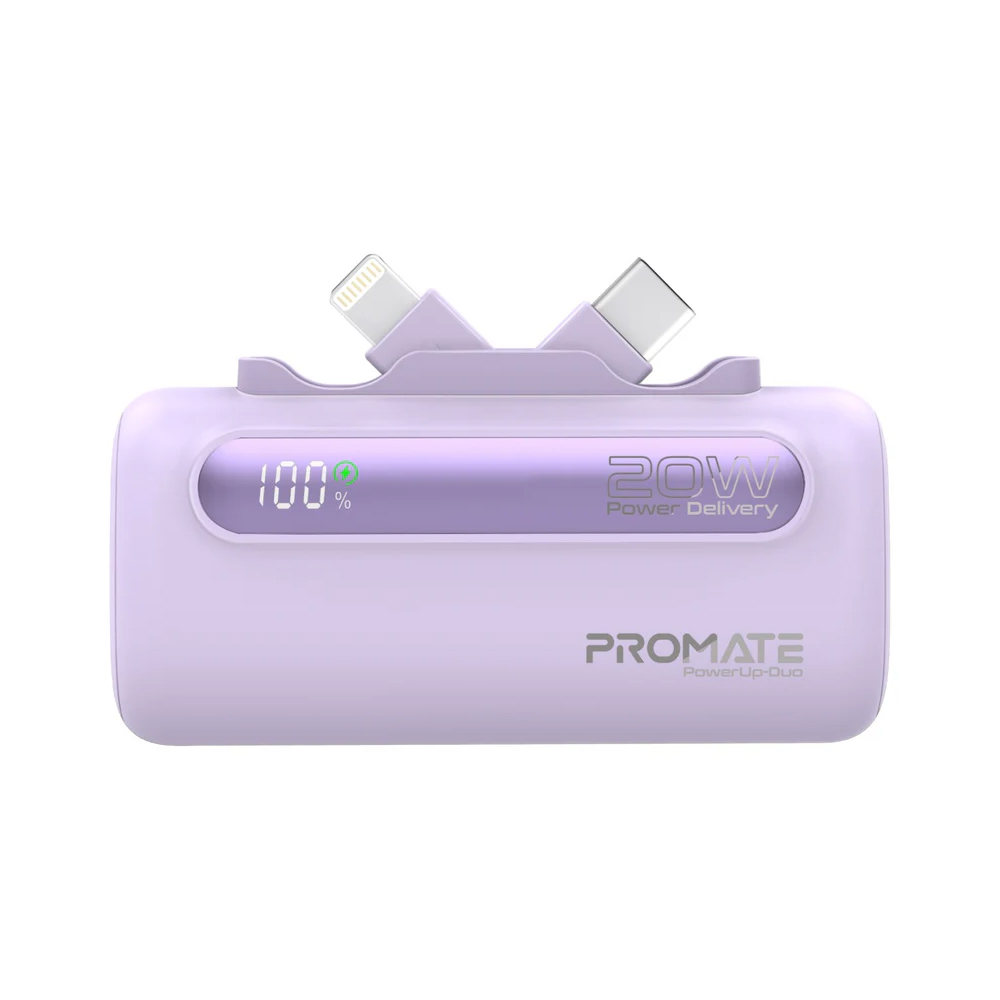 Promate PowerUp-Duo 5000mAh Ultra-Compact Fast Charging Power Bank with Dual foldable USB-C™ & Lightning Connectors - Purple